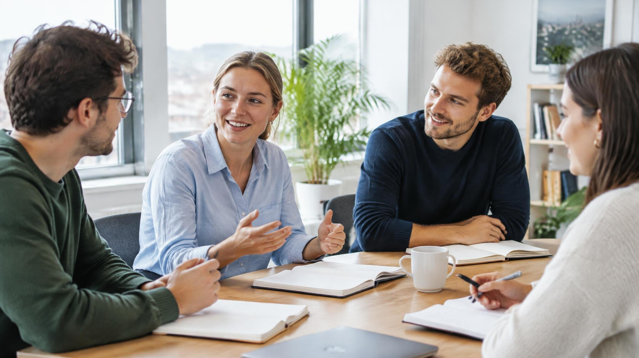 Team members having a discussion at a table with notebooks