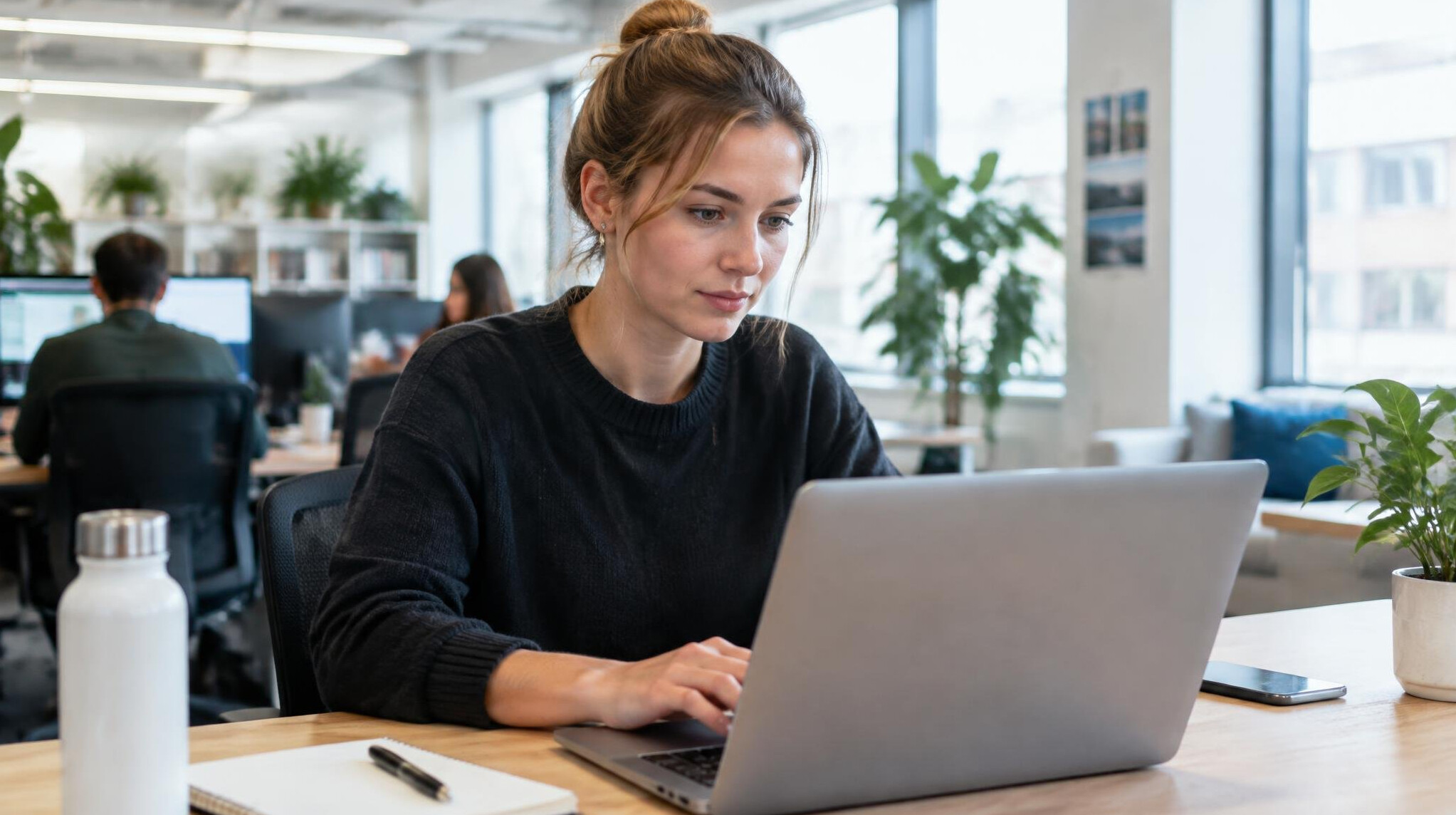 Woman working on a laptop in a modern office